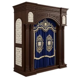 A realistic image of Mahogany Wood Aron Kodesh, Torah Ark hand carvings, image generated by Gemini-2.5-Flash.