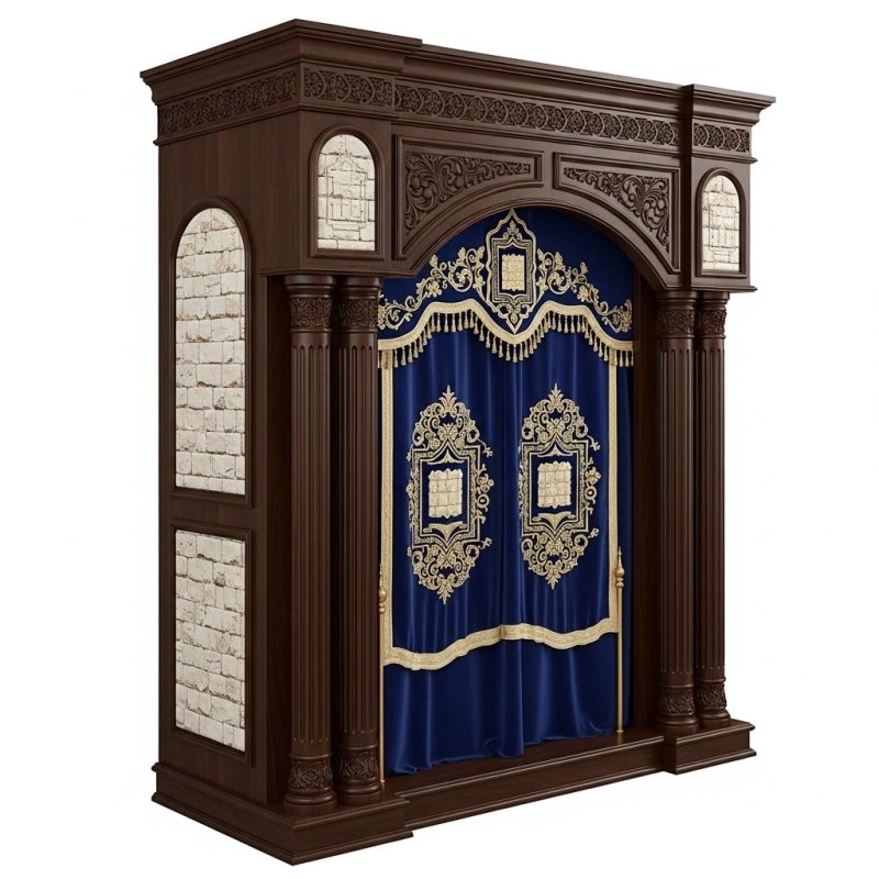 A realistic image of Mahogany Wood Aron Kodesh, Torah Ark hand carvings, image generated by Gemini-2.5-Flash.