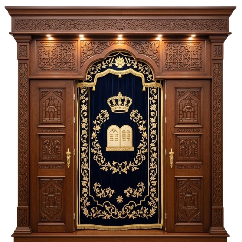 A realistic image of Mahogany Wood Aron Kodesh, Torah Ark hand carvings, image generated by Gemini-2.5-Flash.