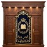 A realistic image of Mahogany Wood Aron Kodesh, Torah Ark hand carvings, image generated by Gemini-2.5-Flash.