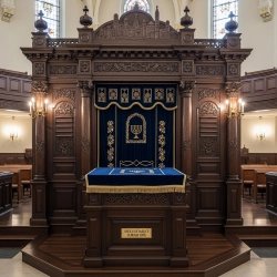 A realistic image of Mahogany Wood Aron Kodesh, Torah Ark hand carvings, image generated by Gemini-2.5-Flash.