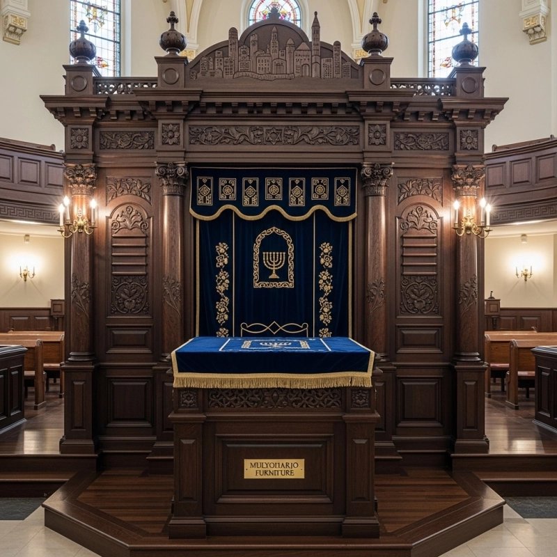 A realistic image of Mahogany Wood Aron Kodesh, Torah Ark hand carvings, image generated by Gemini-2.5-Flash.