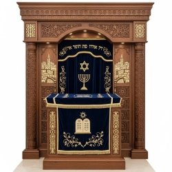 A realistic image of Mahogany Wood Aron Kodesh, Torah Ark hand carvings, image generated by Gemini-2.5-Flash.