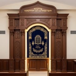 A realistic image of Mahogany Wood Aron Kodesh, Torah Ark hand carvings, image generated by Gemini-2.5-Flash.