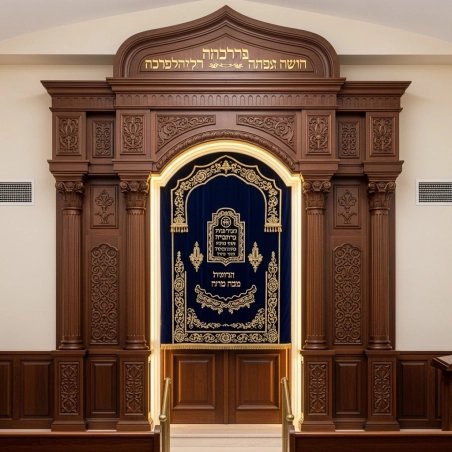 A realistic image of Mahogany Wood Aron Kodesh, Torah Ark hand carvings, image generated by Gemini-2.5-Flash.