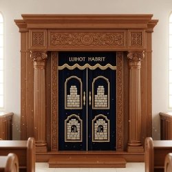 A realistic image of Mahogany Wood Aron Kodesh, Torah Ark hand carvings, image generated by Gemini-2.5-Flash.