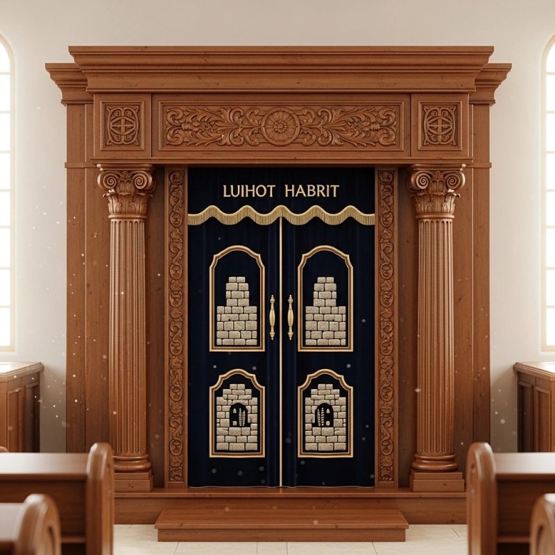 A realistic image of Mahogany Wood Aron Kodesh, Torah Ark hand carvings, image generated by Gemini-2.5-Flash.