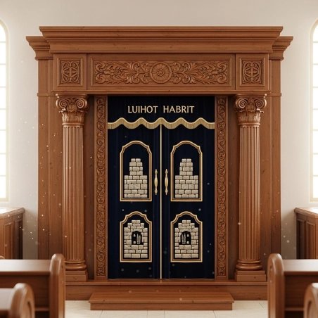 A realistic image of Mahogany Wood Aron Kodesh, Torah Ark hand carvings, image generated by Gemini-2.5-Flash.
