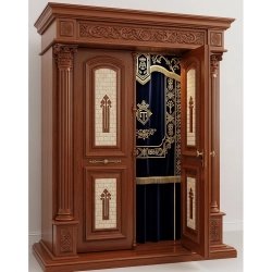 A realistic image of Mahogany Wood Aron Kodesh, Torah Ark hand carvings, image generated by Gemini-2.5-Flash.