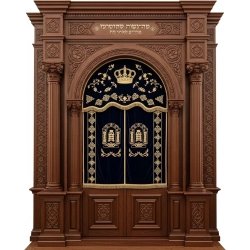 A realistic image of Mahogany Wood Aron Kodesh, Torah Ark hand carvings, image generated by Gemini-2.5-Flash.