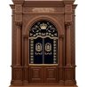 A realistic image of Mahogany Wood Aron Kodesh, Torah Ark hand carvings, image generated by Gemini-2.5-Flash.