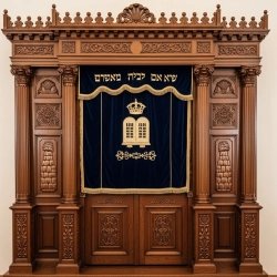 A realistic image of Mahogany Wood Aron Kodesh, Torah Ark hand carvings, image generated by Gemini-2.5-Flash.