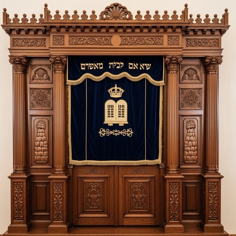 A realistic image of Mahogany Wood Aron Kodesh, Torah Ark hand carvings, image generated by Gemini-2.5-Flash.