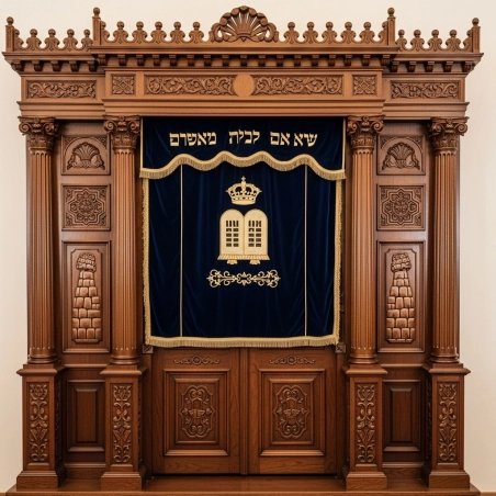 A realistic image of Mahogany Wood Aron Kodesh, Torah Ark hand carvings, image generated by Gemini-2.5-Flash.