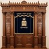 A realistic image of Mahogany Wood Aron Kodesh, Torah Ark hand carvings, image generated by Gemini-2.5-Flash.