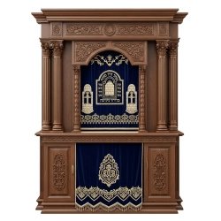 A realistic image of Mahogany Wood Aron Kodesh, Torah Ark hand carvings, image generated by Gemini-2.5-Flash.