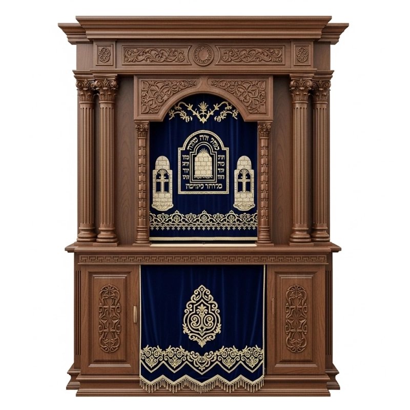 A realistic image of Mahogany Wood Aron Kodesh, Torah Ark hand carvings, image generated by Gemini-2.5-Flash.