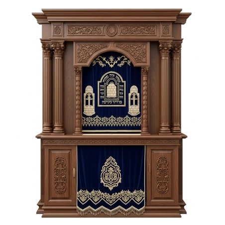 A realistic image of Mahogany Wood Aron Kodesh, Torah Ark hand carvings, image generated by Gemini-2.5-Flash.