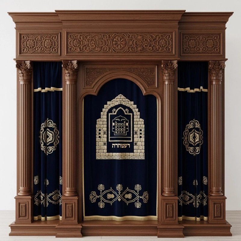 A realistic image of Mahogany Wood Aron Kodesh, Torah Ark hand carvings, image generated by Gemini-2.5-Flash.