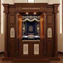 A realistic image of Mahogany Wood Aron Kodesh, Torah Ark hand carvings, image generated by Gemini-2.5-Flash.