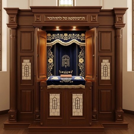 A realistic image of Mahogany Wood Aron Kodesh, Torah Ark hand carvings, image generated by Gemini-2.5-Flash.