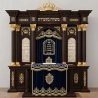 A realistic image of Mahogany Wood Aron Kodesh, Torah Ark hand carvings, image generated by Gemini-2.5-Flash.
