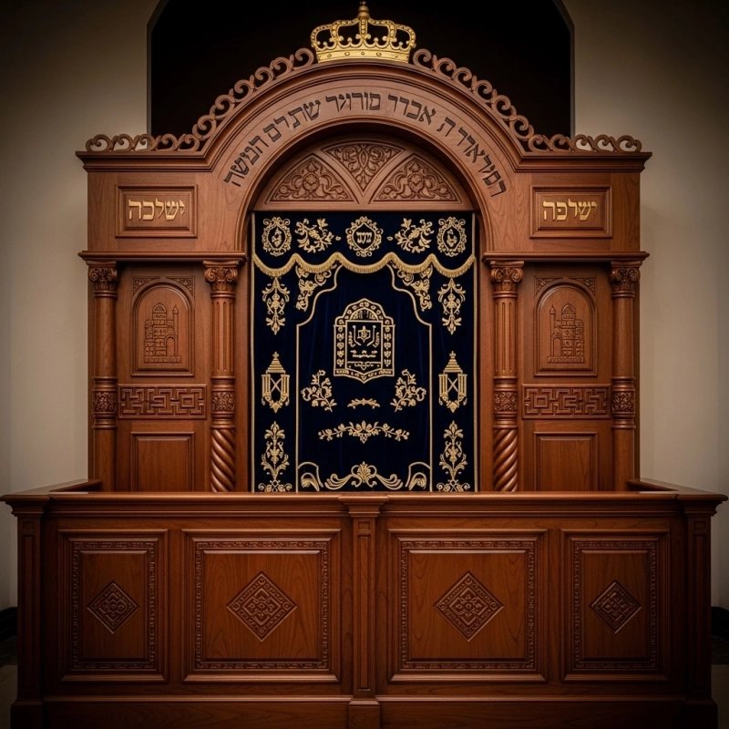 A realistic image of Mahogany Wood Aron Kodesh, Torah Ark hand carvings, image generated by Gemini-2.5-Flash.