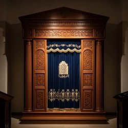 A realistic image of Mahogany Wood Aron Kodesh, Torah Ark hand carvings, image generated by Gemini-2.5-Flash.