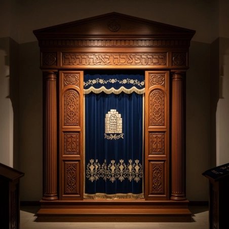 A realistic image of Mahogany Wood Aron Kodesh, Torah Ark hand carvings, image generated by Gemini-2.5-Flash.