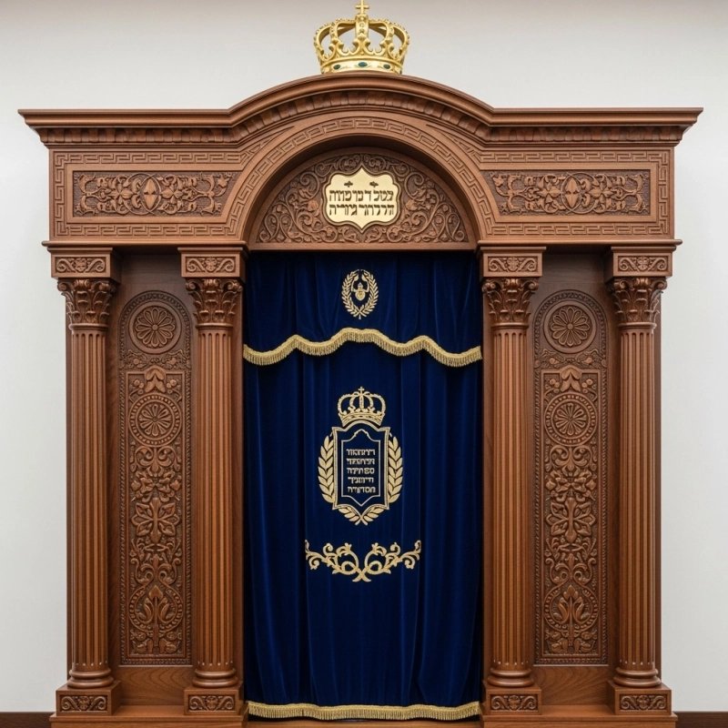 A realistic image of Mahogany Wood Aron Kodesh, Torah Ark hand carvings, image generated by Gemini-2.5-Flash.