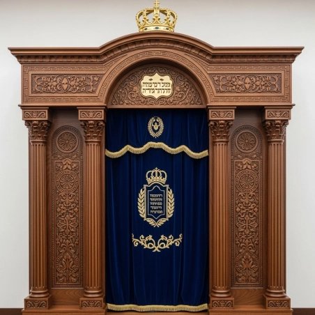 A realistic image of Mahogany Wood Aron Kodesh, Torah Ark hand carvings, image generated by Gemini-2.5-Flash.