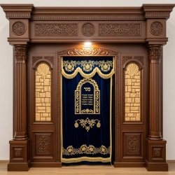 A realistic image of Mahogany Wood Aron Kodesh, Torah Ark hand carvings, image generated by Gemini-2.5-Flash.