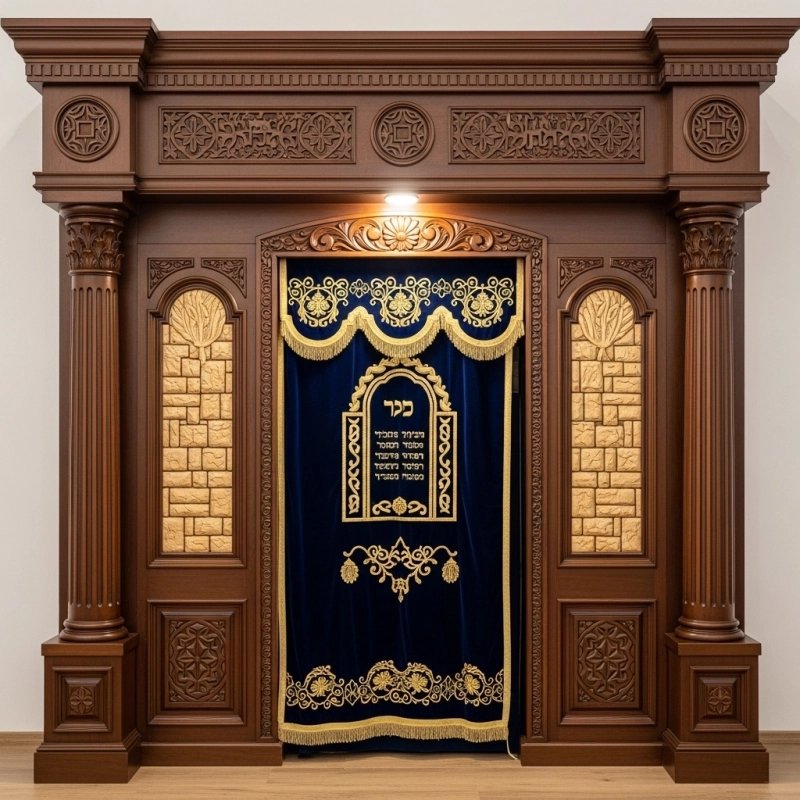 A realistic image of Mahogany Wood Aron Kodesh, Torah Ark hand carvings, image generated by Gemini-2.5-Flash.