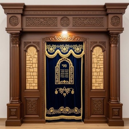 A realistic image of Mahogany Wood Aron Kodesh, Torah Ark hand carvings, image generated by Gemini-2.5-Flash.