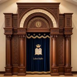 A realistic image of Mahogany Wood Aron Kodesh, Torah Ark hand carvings, image generated by Gemini-2.5-Flash.