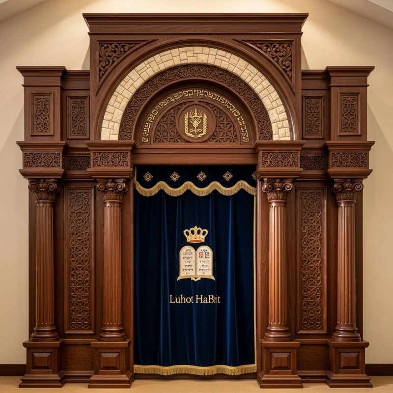 A realistic image of Mahogany Wood Aron Kodesh, Torah Ark hand carvings, image generated by Gemini-2.5-Flash.