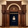 A realistic image of Mahogany Wood Aron Kodesh, Torah Ark hand carvings, image generated by Gemini-2.5-Flash.