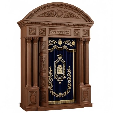A realistic image of Mahogany Wood Aron Kodesh, Torah Ark hand carvings, image generated by Gemini-2.5-Flash.