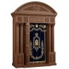A realistic image of Mahogany Wood Aron Kodesh, Torah Ark hand carvings, image generated by Gemini-2.5-Flash.