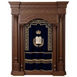 A realistic image of Mahogany Wood Aron Kodesh, Torah Ark hand carvings, image generated by Gemini-2.5-Flash.