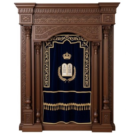 A realistic image of Mahogany Wood Aron Kodesh, Torah Ark hand carvings, image generated by Gemini-2.5-Flash.