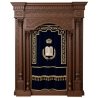 A realistic image of Mahogany Wood Aron Kodesh, Torah Ark hand carvings, image generated by Gemini-2.5-Flash.