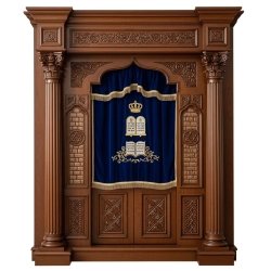A realistic image of Mahogany Wood Aron Kodesh, Torah Ark hand carvings, image generated by Gemini-2.5-Flash.