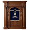 A realistic image of Mahogany Wood Aron Kodesh, Torah Ark hand carvings, image generated by Gemini-2.5-Flash.