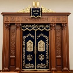 A realistic image of Mahogany Wood Aron Kodesh, Torah Ark hand carvings, image generated by Gemini-2.5-Flash.