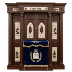 A realistic image of Mahogany Wood Aron Kodesh, Torah Ark hand carvings, image generated by Gemini-2.5-Flash.