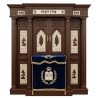 A realistic image of Mahogany Wood Aron Kodesh, Torah Ark hand carvings, image generated by Gemini-2.5-Flash.