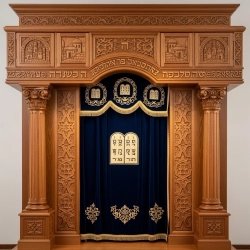A realistic image of Mahogany Wood Aron Kodesh, Torah Ark hand carvings, image generated by Gemini-2.5-Flash.