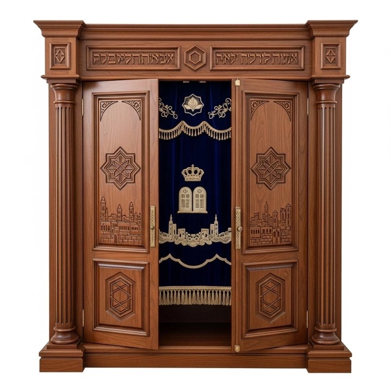 A realistic image of Mahogany Wood Aron Kodesh, Torah Ark hand carvings, image generated by Gemini-2.5-Flash.