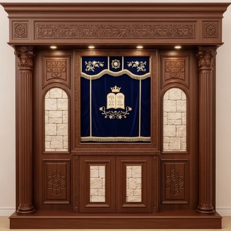 A realistic image of Mahogany Wood Aron Kodesh, Torah Ark hand carvings, image generated by Gemini-2.5-Flash.